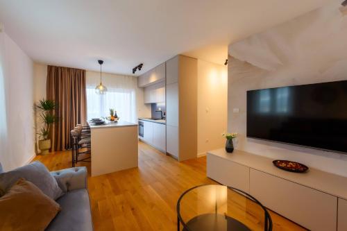 ห้องส่วนกลางสำหรับนั่งเล่น/ดูทีวี, Azure apartment in เมตโควิก