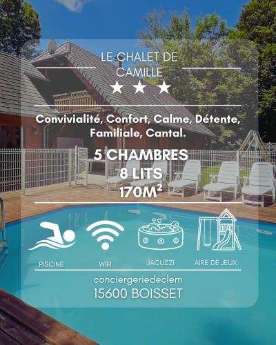 Chalet 170m2 avec CLIM- Piscine privée - Jacuzzi - 5 chambres - 8 lits - 12 pers max - 20 min d'Aurillac gîte à louer Pradairols