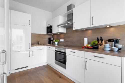 keuken, Ocean Place- 3 OG, Balkon, Blick ins Gruene, Kamin in Olpenitz
