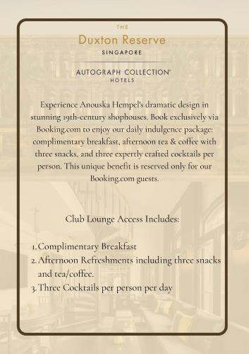Shophouse Room, Club Lounge Access, Evening Cocktails, Appetisers, 1 King room in Duxton Reserve Singapore Autograph Collection