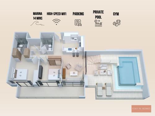2 Bed with PRIVATE POOL on Balcony by STAY IN HOMES - Marina 14min - Self checkin - Gym - Parking, Dubaj (fotografie 3)