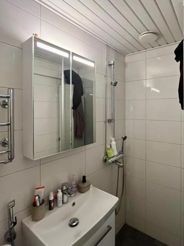 Shower, Scandinavian apartment with fireplace in Herttoniemenranta