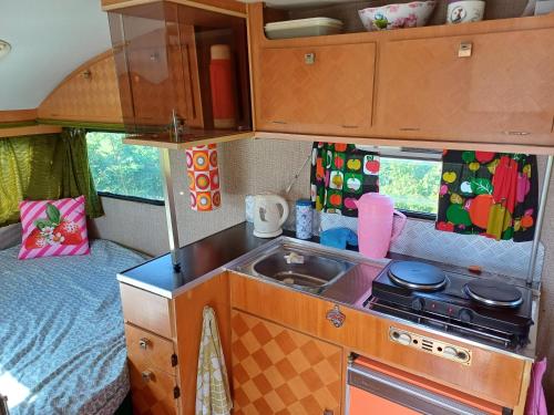 Kleurrijke retro contructam caravan vlakbij het Sneekermeer in Poppingawier