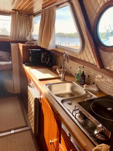 Beautiful boat in the Budva city harbor