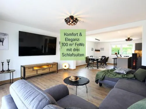 Ferienhaus Höckelheim - Savanna Lodge - barrierefrei - 3 Schlafzimmer-bis 6 Gäste - nahe Göttingen - 100 qm - Babies reisen gratis - Terrasse, Garten & Grill - vollausgestattete Küche mit Spülmaschine - Klimaanlage, Fußbodenheizung & Raffstores in Northeim, Deutschland
