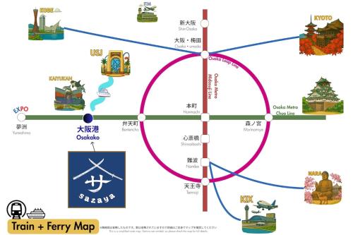 sazaya 広々プライベートデッキ付き一棟貸切 最寄駅から徒歩30秒 海遊館5分 USJ15分 !!大人気の鬼滅の刃-無限城風の天井装飾