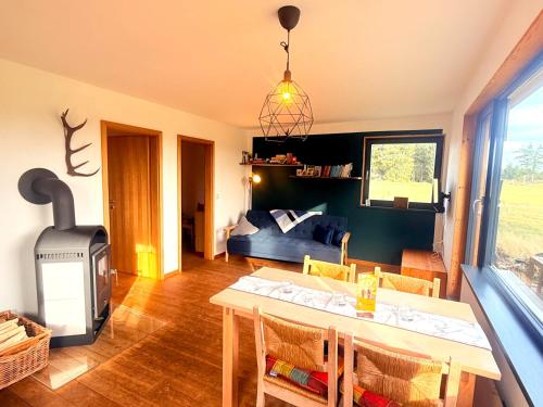 Koplietošanas atpūtas telpa ar TV, Tiny Chalet Stuga Am Rennsteig mit Kamin und Garten, Hunde Willkommen in Goldisthal