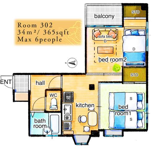 浅草まねき庵 25年フルリノベ 完全貸切 浅草駅徒歩15分 2ベッドルーム 6人 38平米 中長期滞在大歓迎