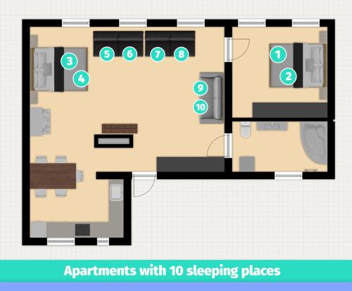 1 king bed, 4 sofa beds