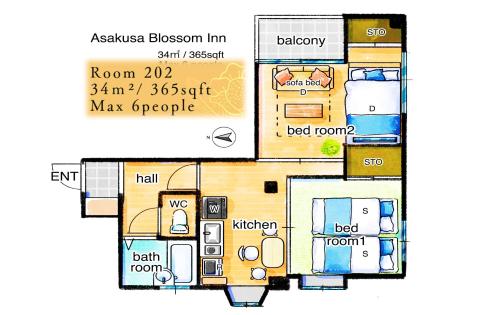 浅草まねき庵 25年フルリノベ 完全貸切 浅草駅徒歩15分 2ベッドルーム 6人 38平米 中長期滞在大歓迎