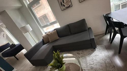 . Condo with grey sofa bed