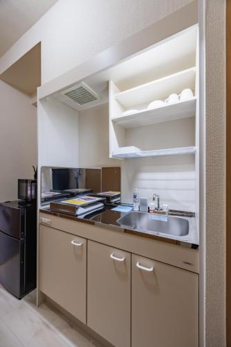 Kitchen, Work Friendly Room 3 min to Station Simmons Bed WiFi and Desk in Nagoya