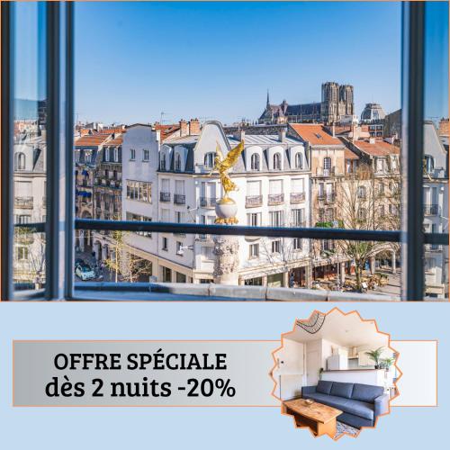 DAHLIA - Idéal pour Familles & Pros - Hypercentre - Vue Fontaine Subé et Cathédrale - Wifi - Machine à laver - Gare, Cathédrale de Reims, Commerces, Restaurants & Transports en commun accessibles à pied en moins de 10 minutes