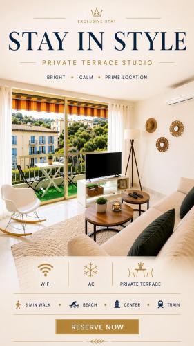 Elegant Studio with Private Sunny Terrace Prime Location AC & High-Speed WiFi
