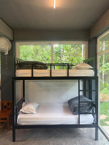 1 queen bed, 5 bunk beds, 1 sofa bed
