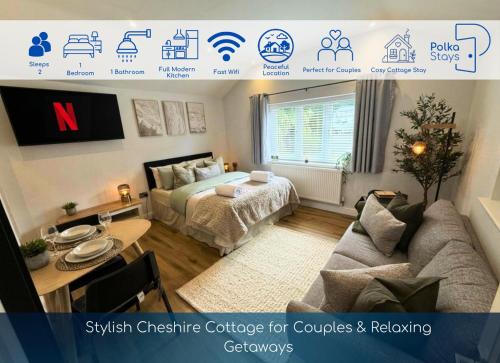 床, Stylish Cosy Cheshire Cottage by PolkaStays in 托夫特