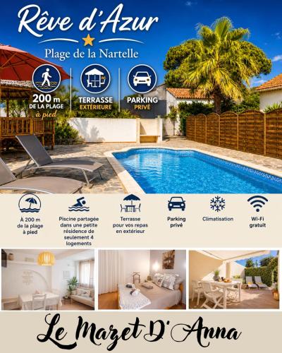 Mazet - Plage de la Nartelle à 200M- Piscine au sel -Terrasse- parking - BBQ- Séjour calme & détente draps inclus- Check-in 20h maximum