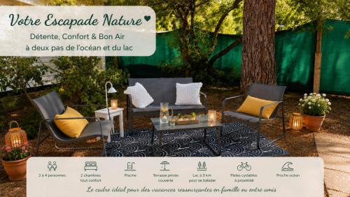 Mobil-home 2 chambres tout confort avec terrasse couverte - Camping calme entre Océan, Lac et Pinède