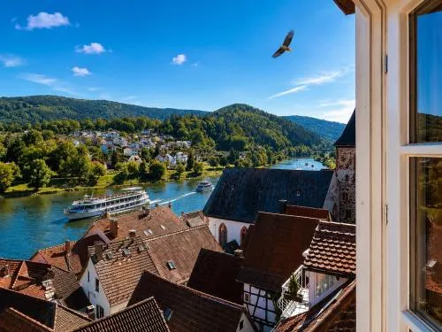 Neckarblick Historische Altstadt und Sonnenterrasse in Hirschhorn Neckar, Deutschland
