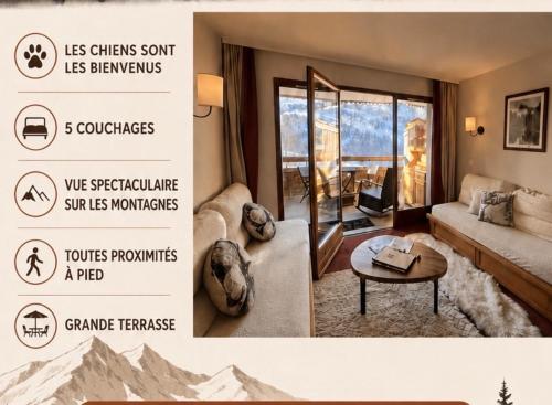 2 pièces pour 5 personnes, tout pédestre, pistes a 3mn, vue exceptionnelle
