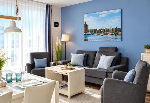 Apartment 6 "Strandkrabbe", Apartmenthaus Hafenspitze, Blickrichtung InnenstadtBinnenhafen in Eckernförde, Deutschland
