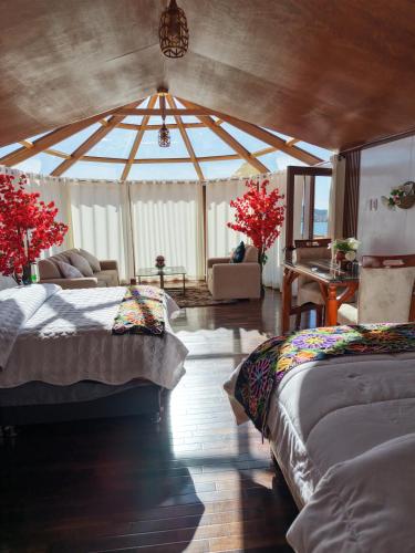 Sunset view of the house in Puno, Peru, Lake Titicaca