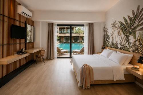 Chambre double avec 1 ou 2 lits, accès direct à la piscine
