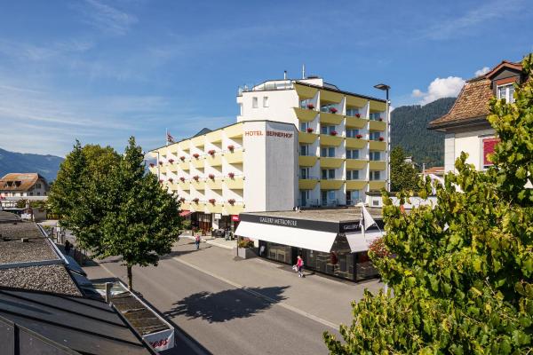 The photo shows the Hotel Bernerhof located in the city of Interlaken.