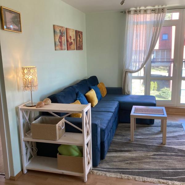 The photo shows the Apartamentai Taikos 24 located in the city of Nida.