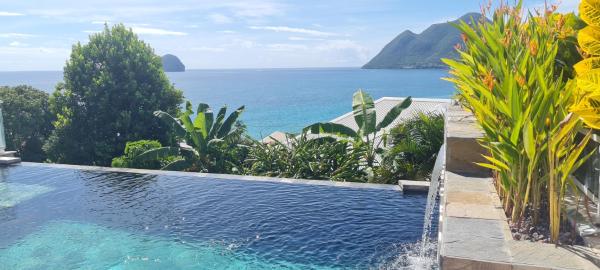 studio cosi, jardin privé, vue magique depuis piscine à débordement de la résidence, Le Diamant