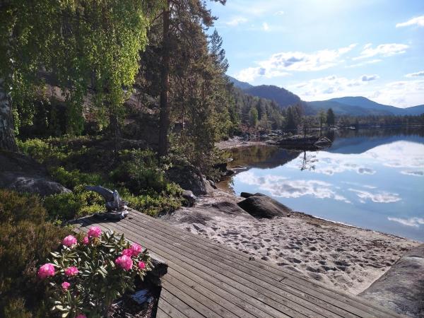 The photo shows the Hytte ved Vråvatnet i Vrådal located in the city of Flatland.