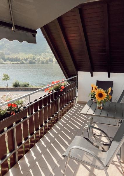 Auf dem Foto ist das Objekt Ferienwohnung Moselflair mit direktem Blick auf die Mosel und Weinberge in der Stadt Oberfell zu sehen.
