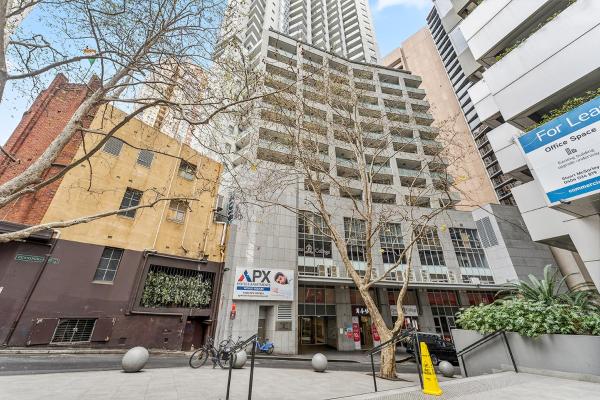 The photo shows the APX World Square located in the city of Sydney.