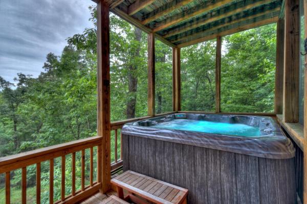 A la foto es mostra l'objecte Pursuit of Happiness Mountain luxury hot tub big-screen TVs pet-friendly situat a la ciutat de Mineral Bluff.