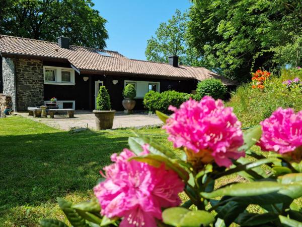 På billedet ses objektet Ferienhaus Vogelsbergblick, Fernblick, Sauna, Kamin, 1700m eingezäunt in Alleinlage beliggende i byen Schotten.