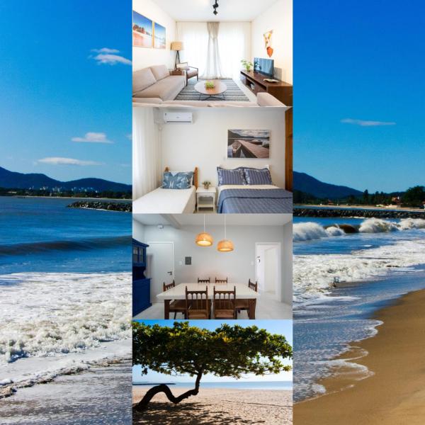 Na fotografii je vidět objekt Apto completo a 120m da PRAIA, TRÊS QUARTOS, sala de estar, COZINHA COMPLETA, SACADA com VISTA MAR , Wi-Fi, ARES CONDICIONADOS, vaga privativa de garagem Reserve agora mesmo! nacházející se ve městě Piçarras.