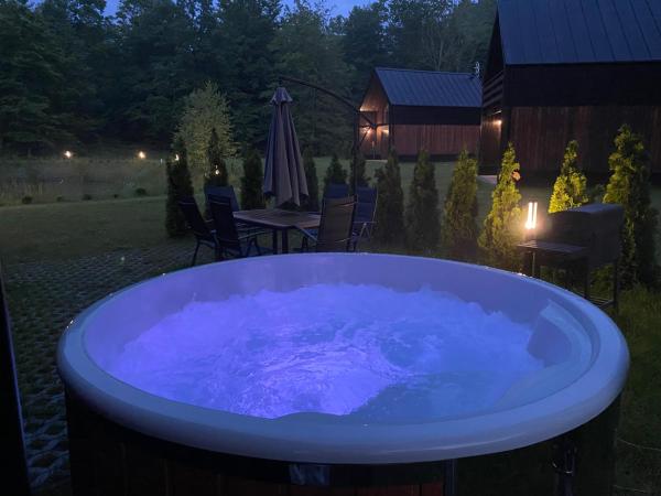 På bildet vises objektet Przystanek Kistówko komfortowe domki z jacuzzi, staw wędkarski, kominek, las, przestrzeń som ligger i byen Jasień.