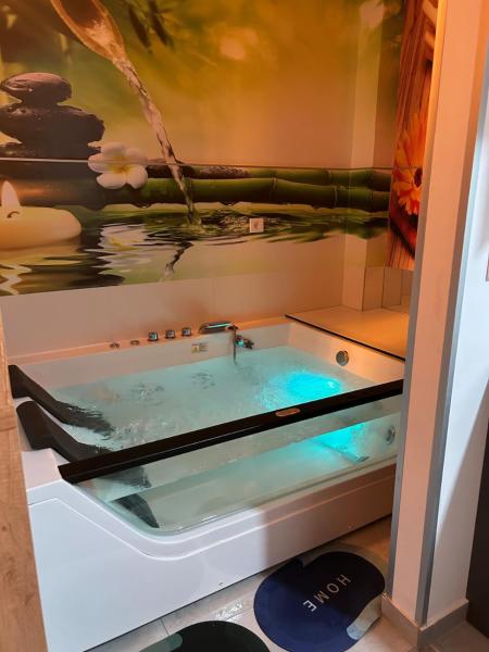 The photo shows the Diamond airport JACUZZI&SAUNA apartman Ledine located in the city of Ledine.