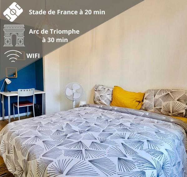 A la foto es mostra l'objecte Chambre privée dans logement partagé, Pepsy Blue cozy Paris & Stade de France situat a la ciutat de Stains.