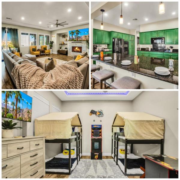 På bildet vises objektet Joshua Tree Getaway with Pool, Spa, BBQ and Sleeps 12 som ligger i byen Indio.
