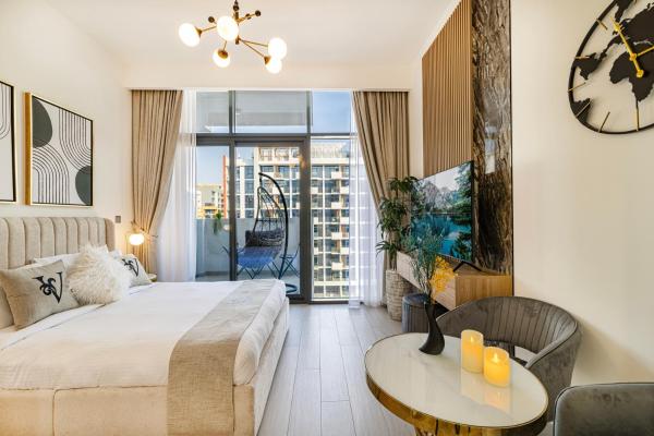 A la foto es mostra l'objecte Stylish Bright Studio with Balcony & Cozy Escape situat a la ciutat de Dubai.