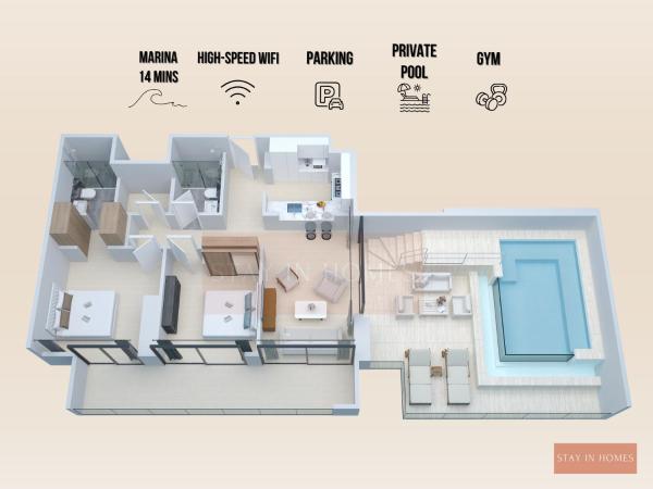 Bilde 3: 2 Bed with PRIVATE POOL on Balcony by STAY IN HOMES - Marina 14min - Self checkin - Gym - Parking