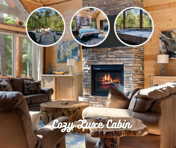 På bildet vises objektet Cozy Luxe Cabin Hot Tub Firepit som ligger i byen Broken Bow.