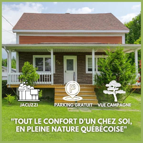 La photo montre l'objet Le Natural Lodge - Idéal Famille & Groupe x8 - Weekend & Vacances Détente - Jacuzzi Vue Campagne Dégagée - Quartier Calme - Jardin - Terrasse - Barbecue - 10min des lacs - Parking privé & Borne Voiture Électrique - Check In Flexib - Linge de maison fourni situé dans la ville de Saint-Gérard.