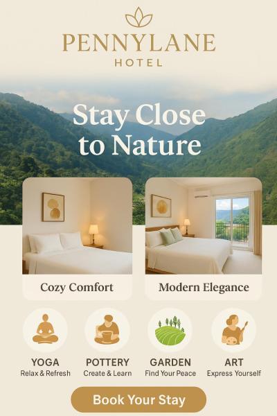 På billedet ses objektet Pennylane Hotel - Aesthetic Mountain View Rooms With Tropical Garden, Netflix, Pottery Studio, Free Airport Pickup for 7 or more nights stay, 2 minute walk to ganga river in tapovan beliggende i byen Rishikesh.