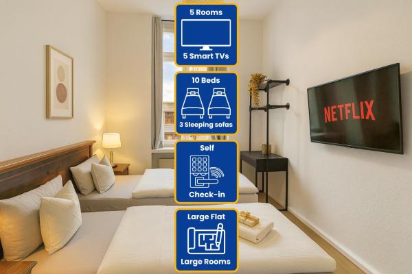 På billedet ses objektet Leipzig Zentrum, Schnelles WLAN, TVs in allen 5 Zimmern, Self-Check-in, 5 Riesige Zimmer für große Gruppen, Aufzug beliggende i byen Leipzig.