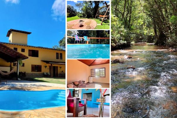 På billedet ses objektet PISCINA AQUECIDA, 5 SUÍTES, trilha privativa até o riacho, Wi-fi, estacionamento, ampla área externa cercada de natureza exuberante - 200m do vilarejo beliggende i byen Nova Lima.