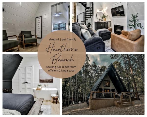 På billedet ses objektet Embrace Nature in this Breathtaking A-frame with Hot-tub in Broken Bow, Oklahoma beliggende i byen Stephens Gap.