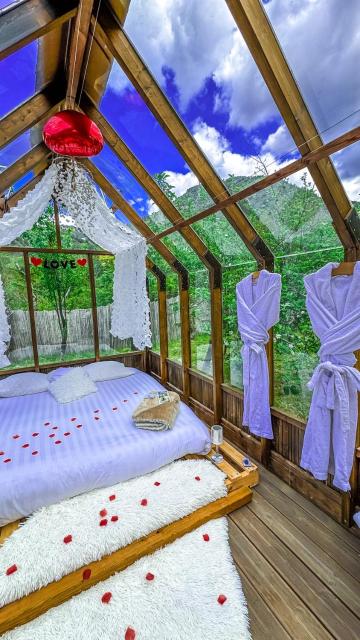 Chalet en verre sous une pluie étoilée