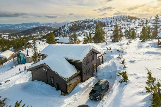 Timber cabin with stone fireplace and fell views